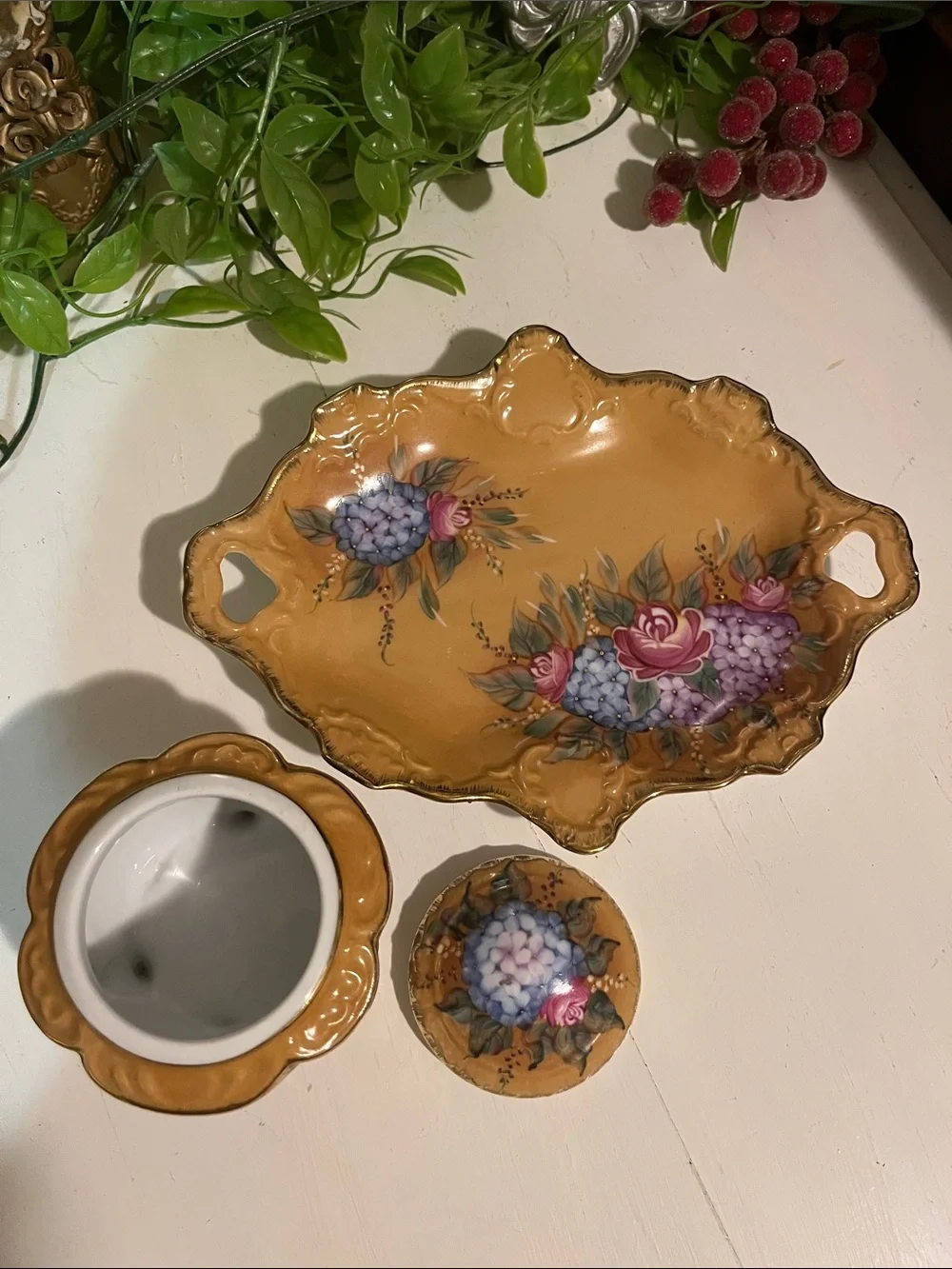 FLORAL VANITY TRAY & LIDDED TRINKET DISH - Victorian Style - NO CHIPS/CRACKS VTG